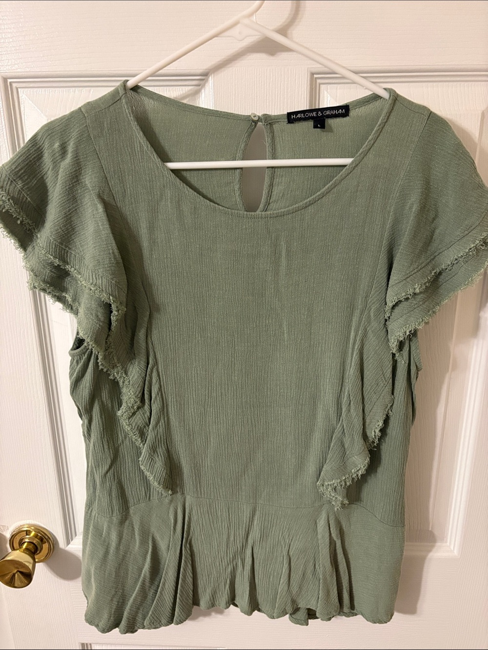 Harlowe & Graham Sage Green Ruffle Sleeve Peplum Blouse